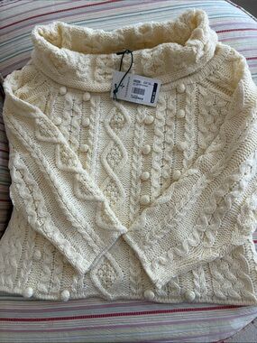 Tuckernuck Cream Cable Bobble Foldover Turtleneck Pullover Sweater XS